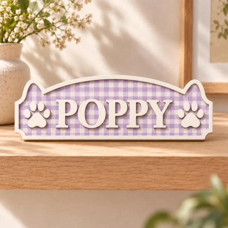 Personalized Gingham Pet Name Plaque - Custom Wood Dog Cat Sign with Paw Prints