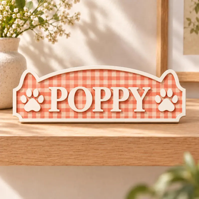 Personalized Gingham Pet Name Plaque - Custom Wood Dog Cat Sign with Paw Prints