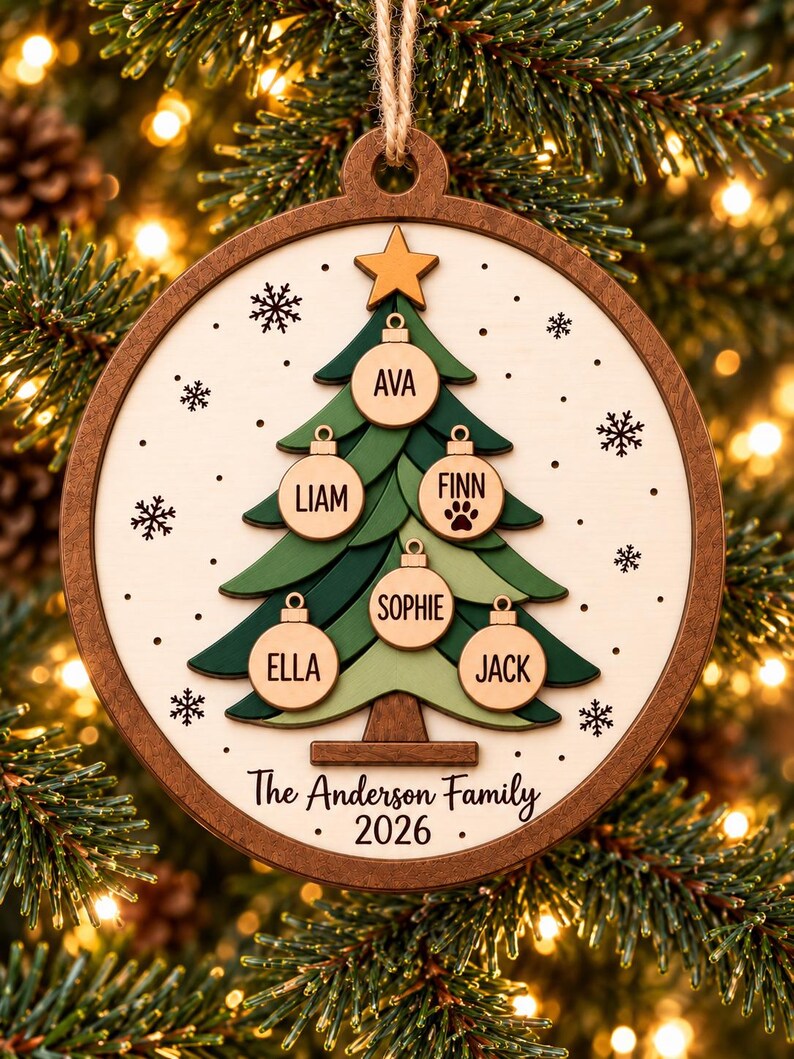 Personalized Family Tree Christmas Ornament - Custom Family Names & Pet Paw Print Keepsake 2026