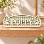 Personalized Gingham Pet Name Plaque - Custom Wood Dog Cat Sign with Paw Prints