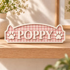 Personalized Gingham Pet Name Plaque - Custom Wood Dog Cat Sign with Paw Prints