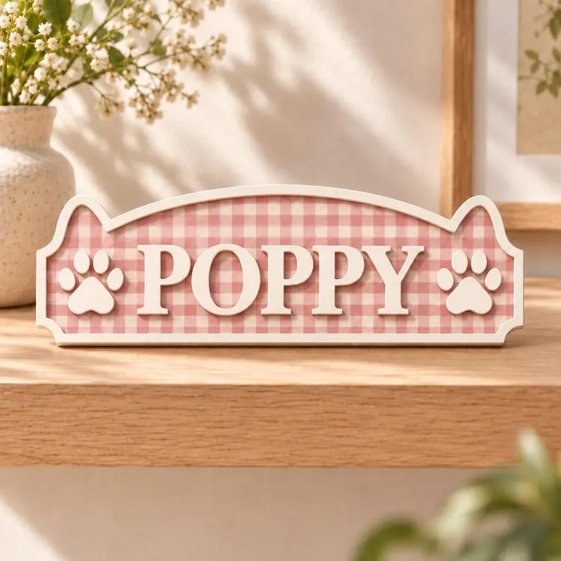 Personalized Gingham Pet Name Plaque - Custom Wood Dog Cat Sign with Paw Prints