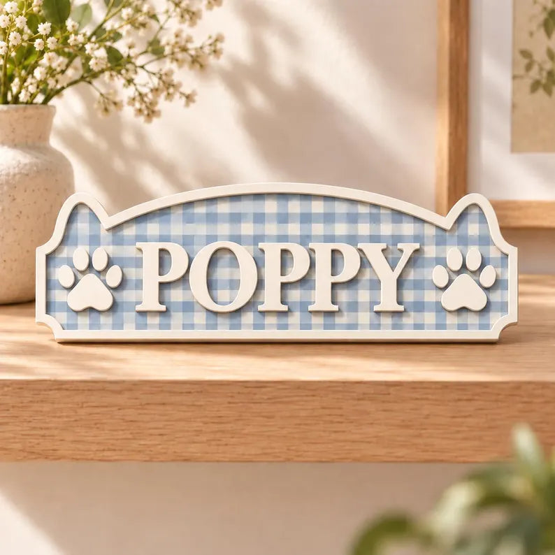Personalized Gingham Pet Name Plaque - Custom Wood Dog Cat Sign with Paw Prints