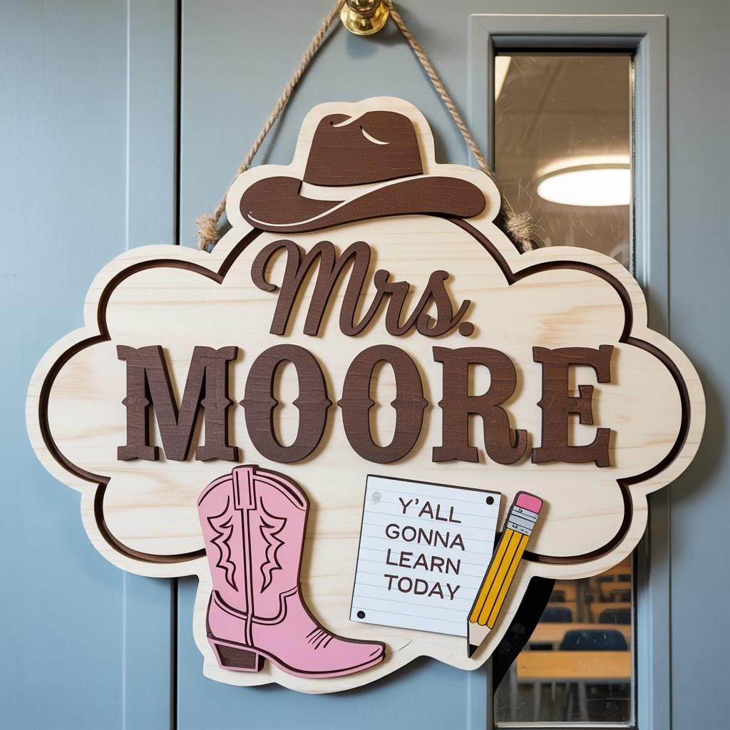 Personalized Western Teacher Sign design detail