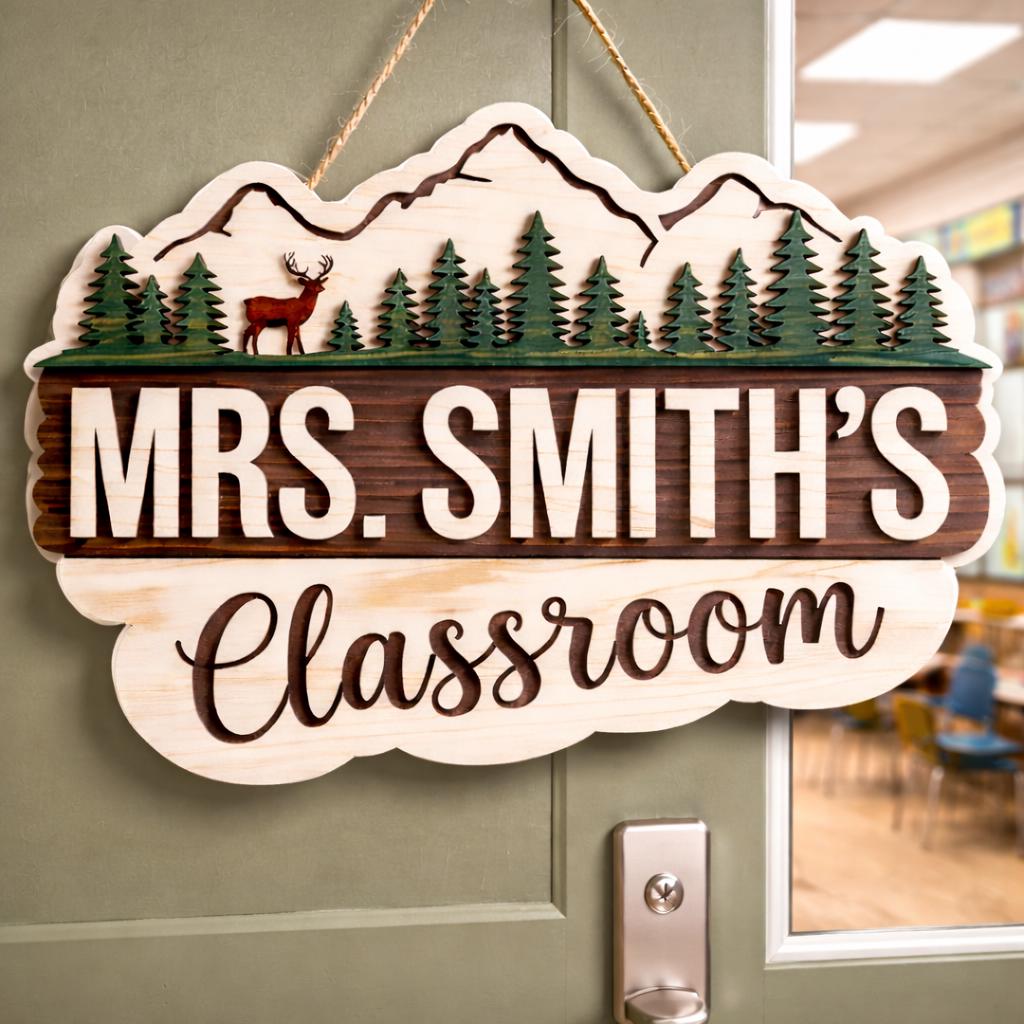 Custom Mountain Teacher Door Hanger design detail