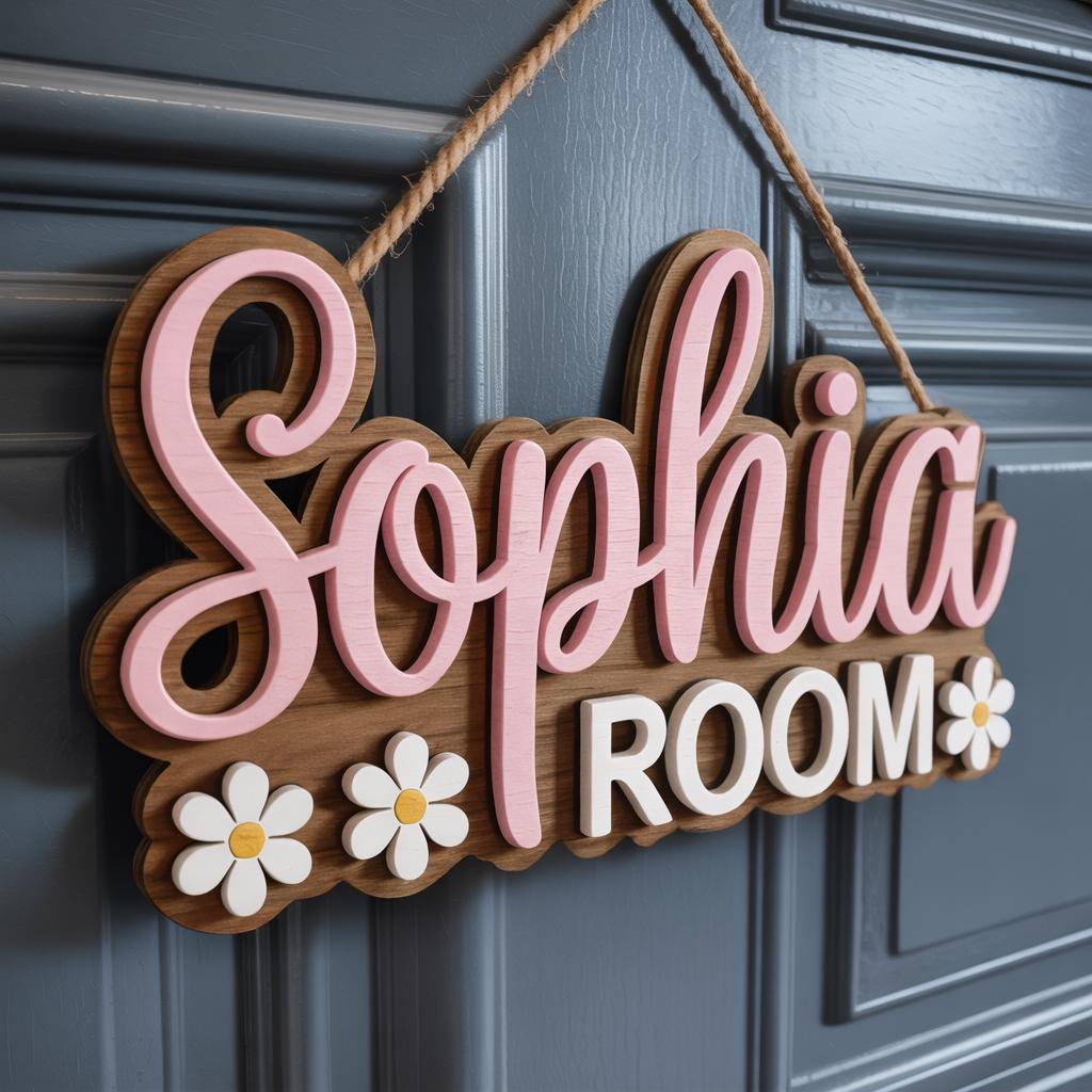 Personalized Girly Name Door Sign, Custom Kids Name Sign, Nursery Wall Decor, Wooden Baby Name Sign, Floral Name Sign, Girl R
