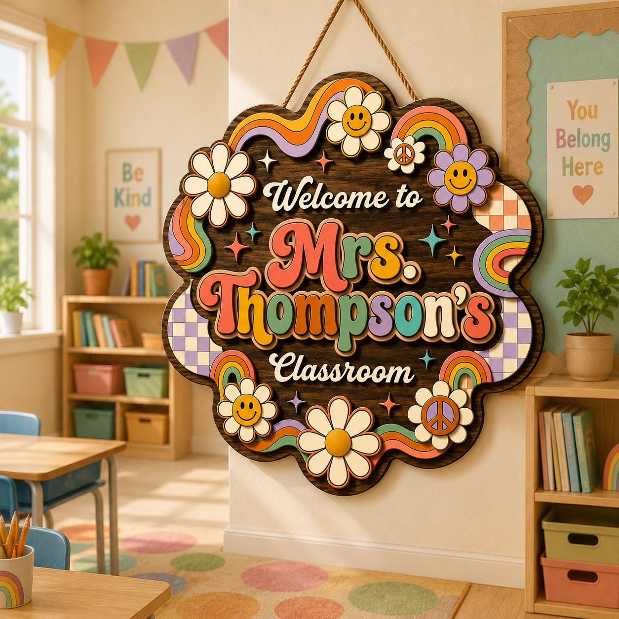 Personalized Rainbow Teacher Sign display detail