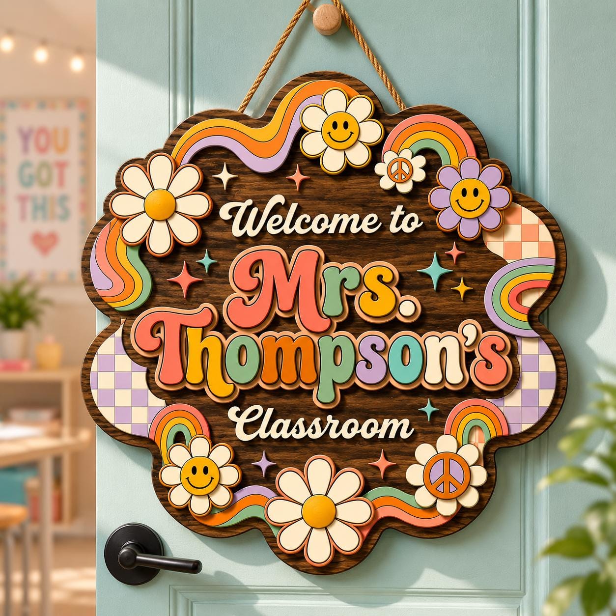 Personalized Rainbow Teacher Sign detail