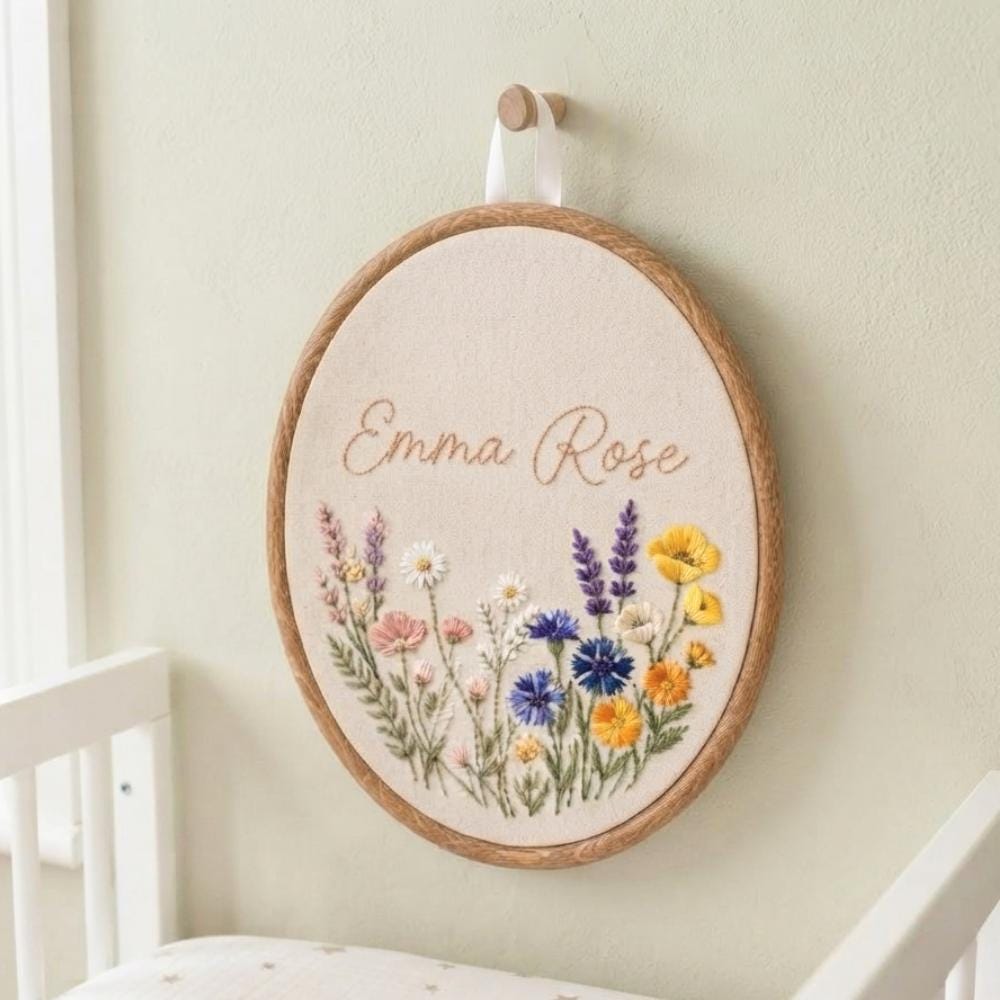 Personalized Oval Floral Baby Name Hoop - Embroidered Nursery Sign