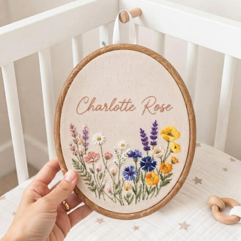Personalized Oval Floral Baby Name Hoop - Embroidered Nursery Sign