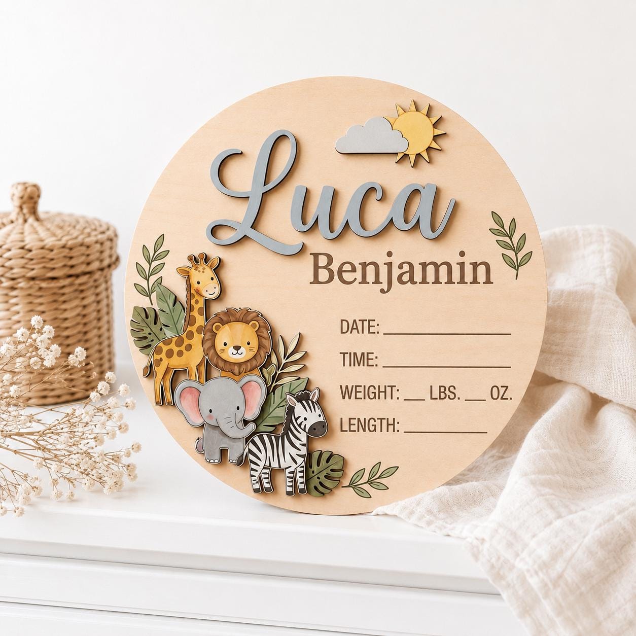 Personalized Safari Birth Announcement for nursery decor