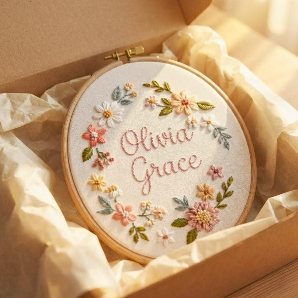 Personalized Hand Embroidered Floral Name Hoop - Nursery Wall Art