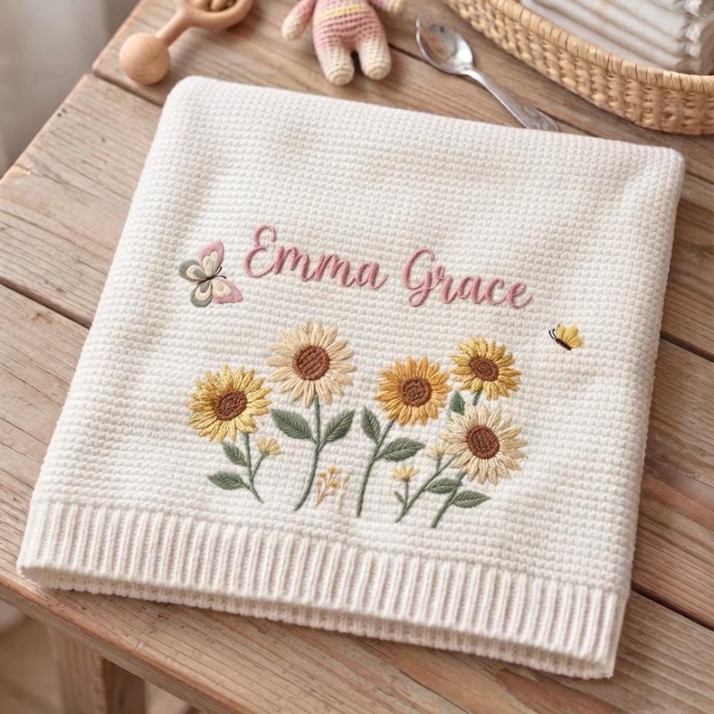 Personalized Floral Baby Blanket - Embroidered Knit Name Keepsake