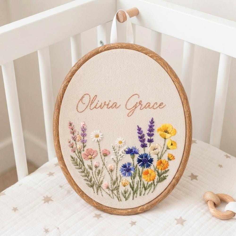 Personalized Oval Floral Baby Name Hoop - Embroidered Nursery Sign