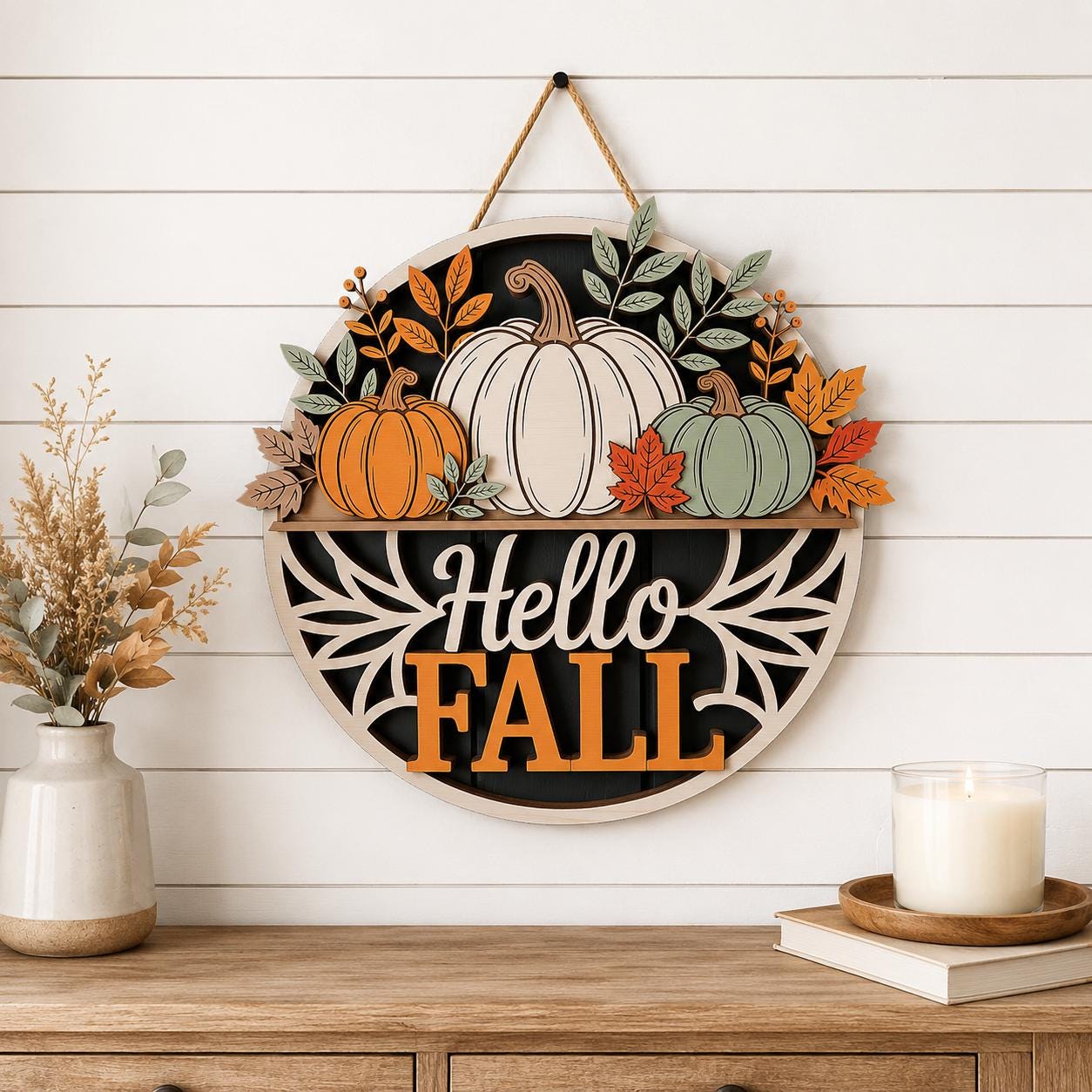 Hello Fall Pumpkin Door Sign display detail