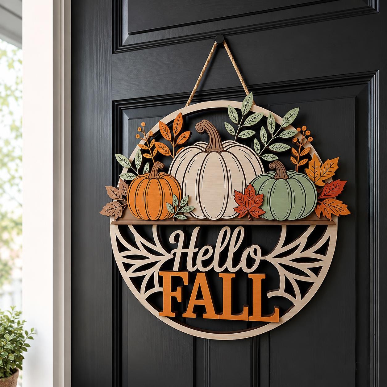 Hello Fall Pumpkin Door Sign for autumn porch decor