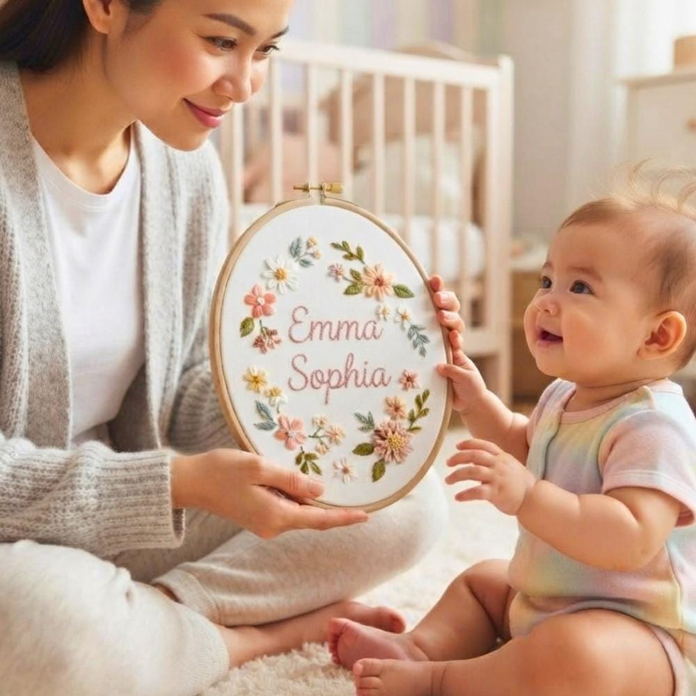 Personalized Hand Embroidered Floral Name Hoop - Nursery Wall Art