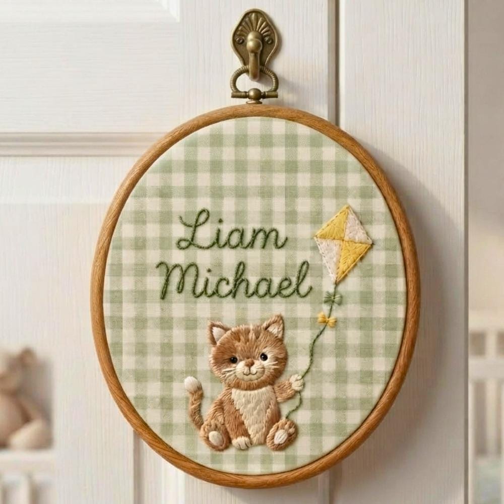 Personalized Cat Cub Baby Name Hoop - Embroidered Nursery Keepsake