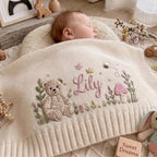 Personalized Bunny Baby Blanket - Embroidered Floral Knit Throw
