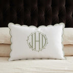 Personalized Linen Monogram Pillow - Scalloped Embroidered Cushion