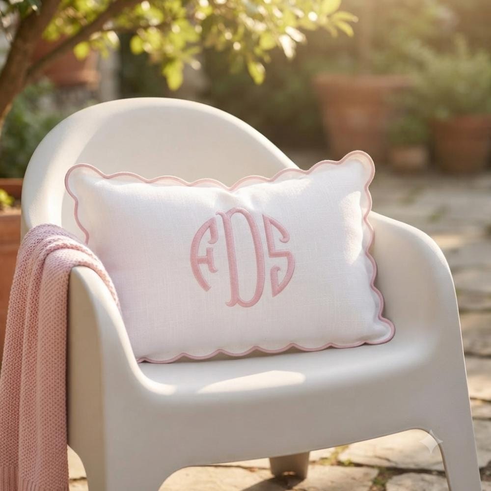 Personalized Classic Monogram Pillow - Scalloped Linen Cushion
