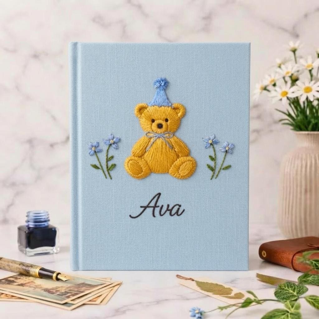 Personalized Floral Bear Baby Photo Album - Embroidered Memory Book