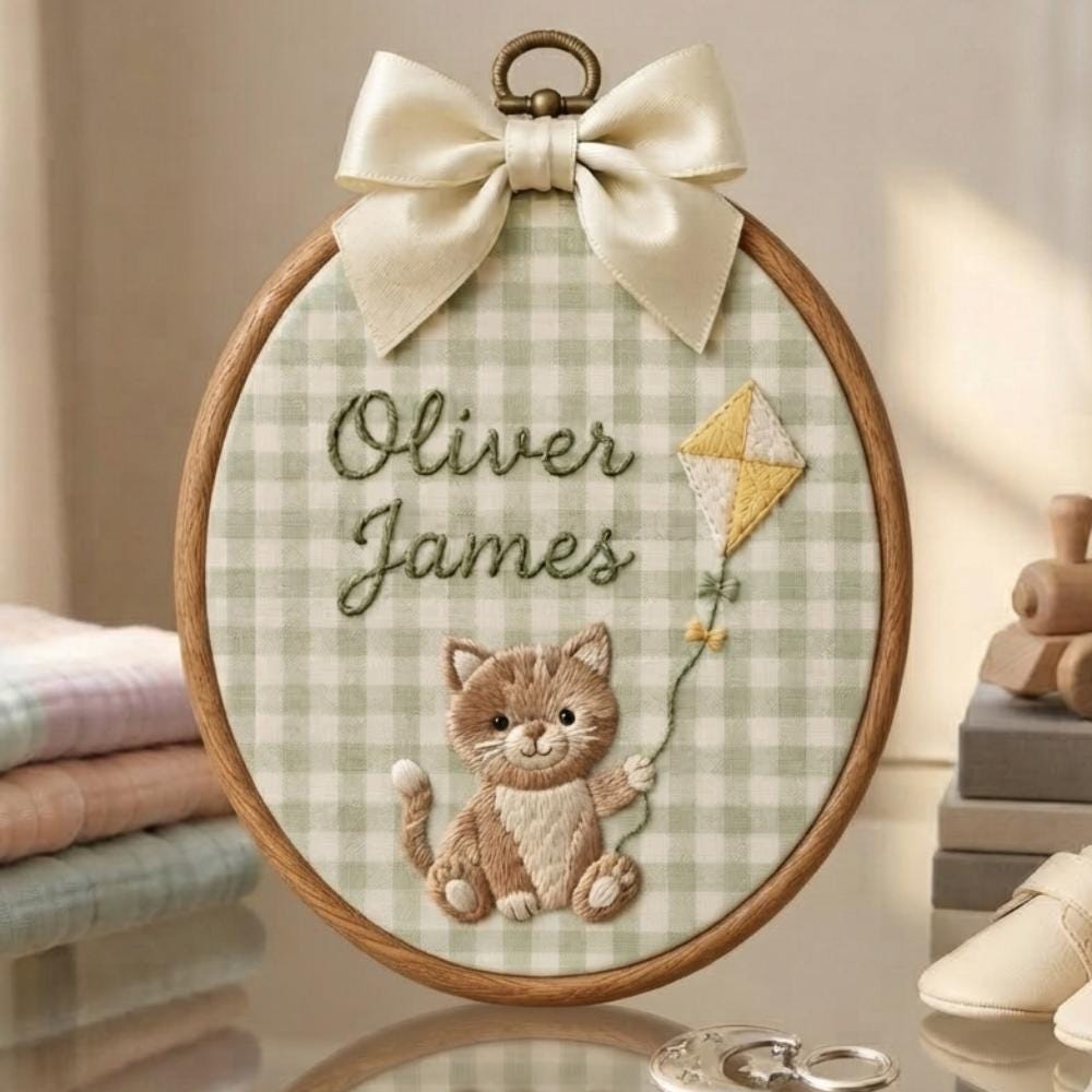 Personalized Cat Cub Baby Name Hoop - Embroidered Nursery Keepsake