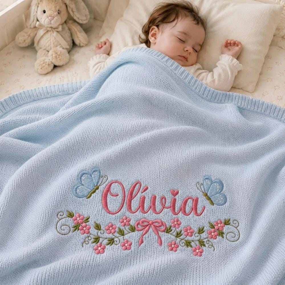 Personalized Butterfly Baby Blanket - Embroidered Floral Nursery Gift