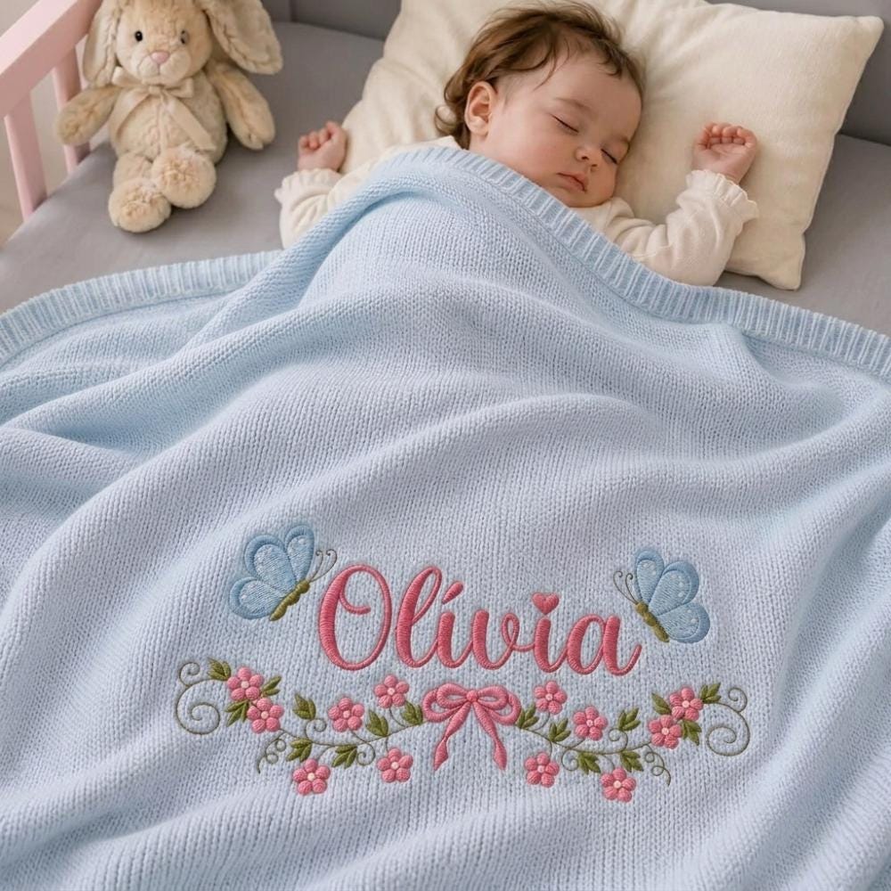 Personalized Butterfly Baby Blanket - Embroidered Floral Nursery Gift