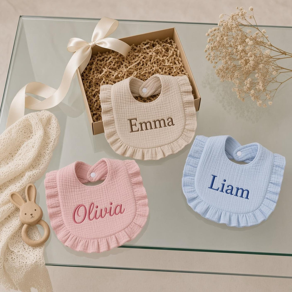 Personalized Birthday Ruffle Bib - Embroidered Baby Girl Keepsake
