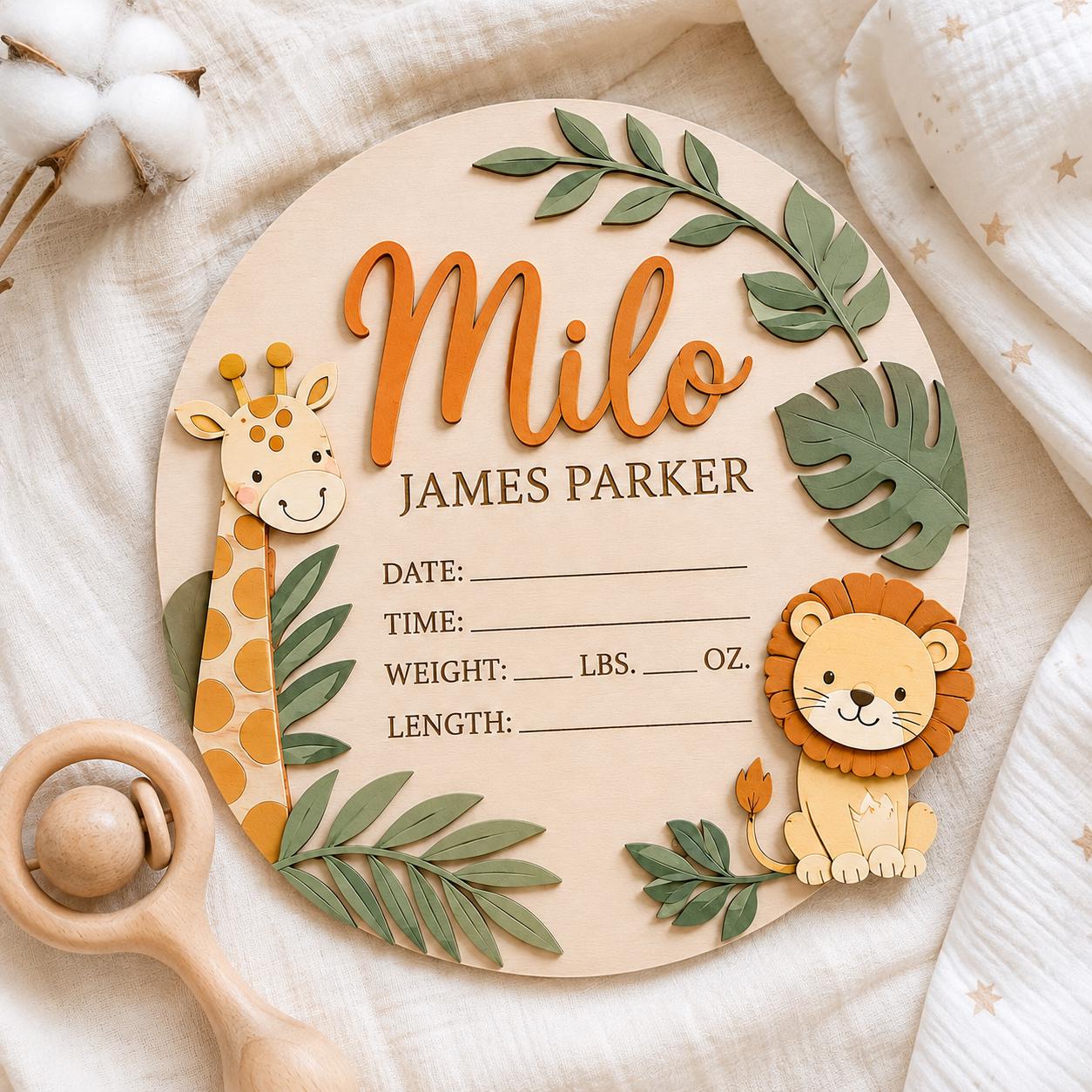 Personalized Safari Birth Stats Sign for nursery decor