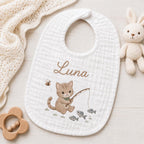Personalized Cat Embroidered Baby Bib - Custom Muslin Name Bib
