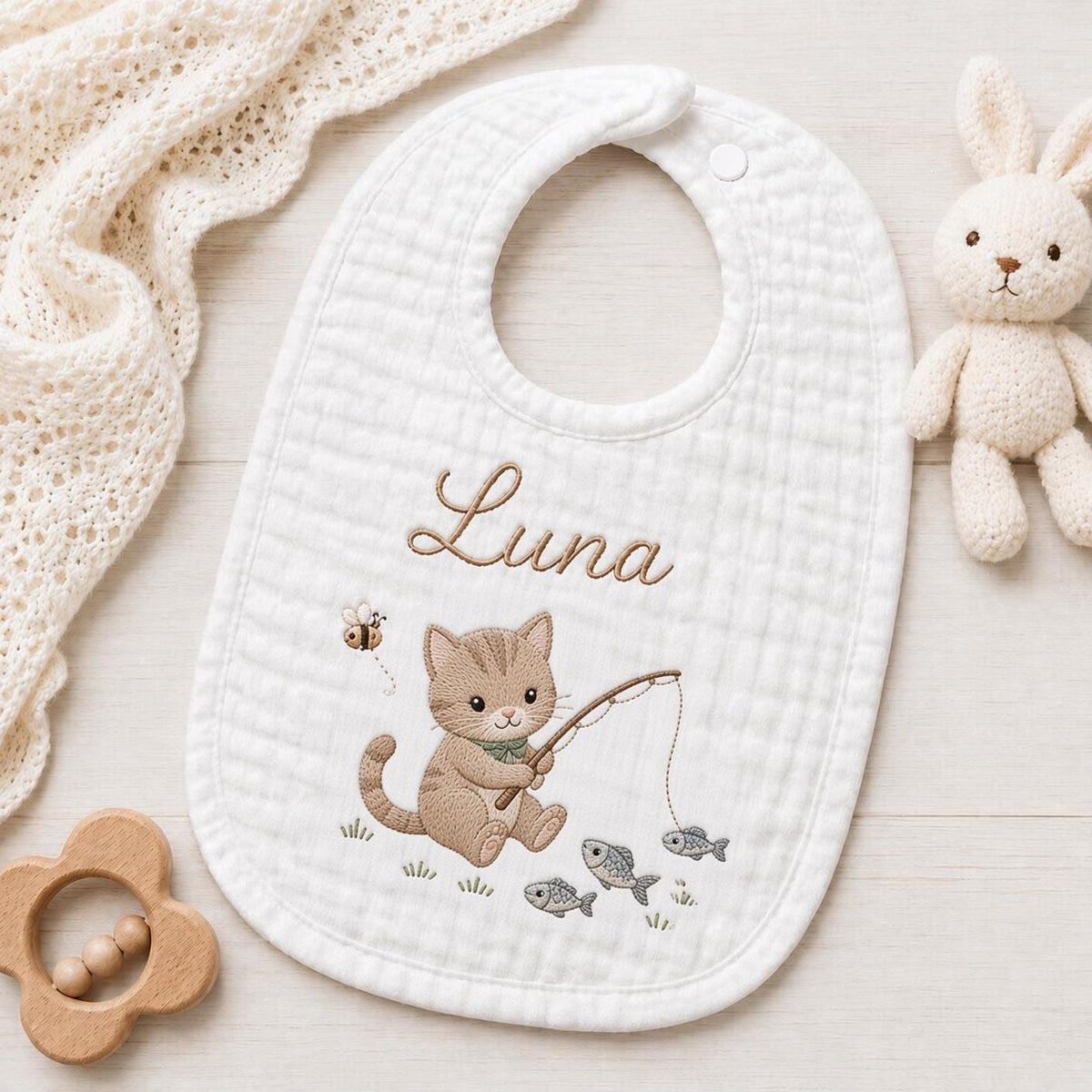 Personalized Cat Embroidered Baby Bib - Custom Muslin Name Bib