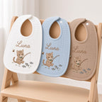 Personalized Cat Embroidered Baby Bib - Custom Muslin Name Bib