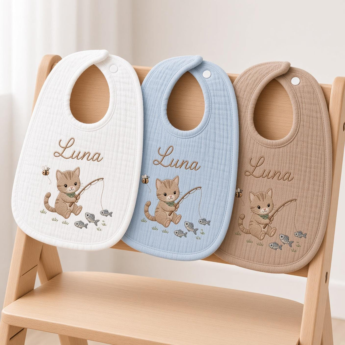 Personalized Cat Embroidered Baby Bib - Custom Muslin Name Bib
