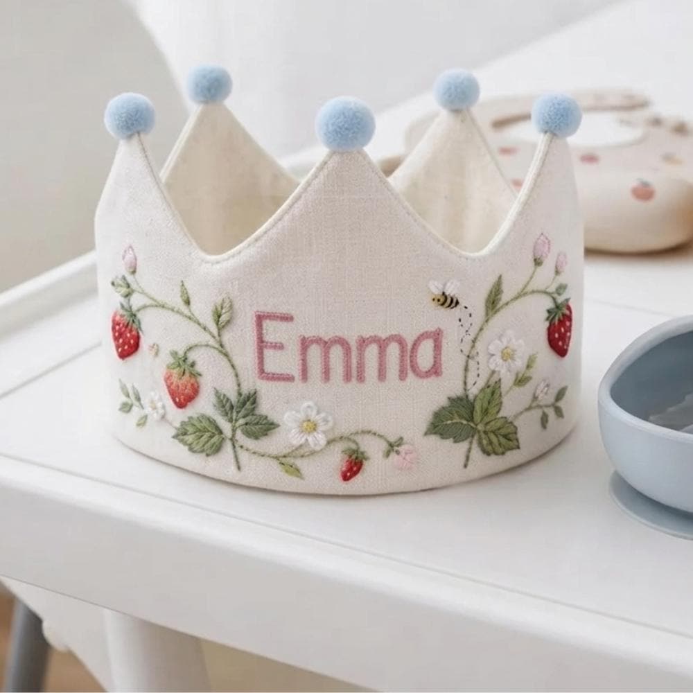 Personalized Strawberry Birthday Crown - Embroidered Baby Party Hat