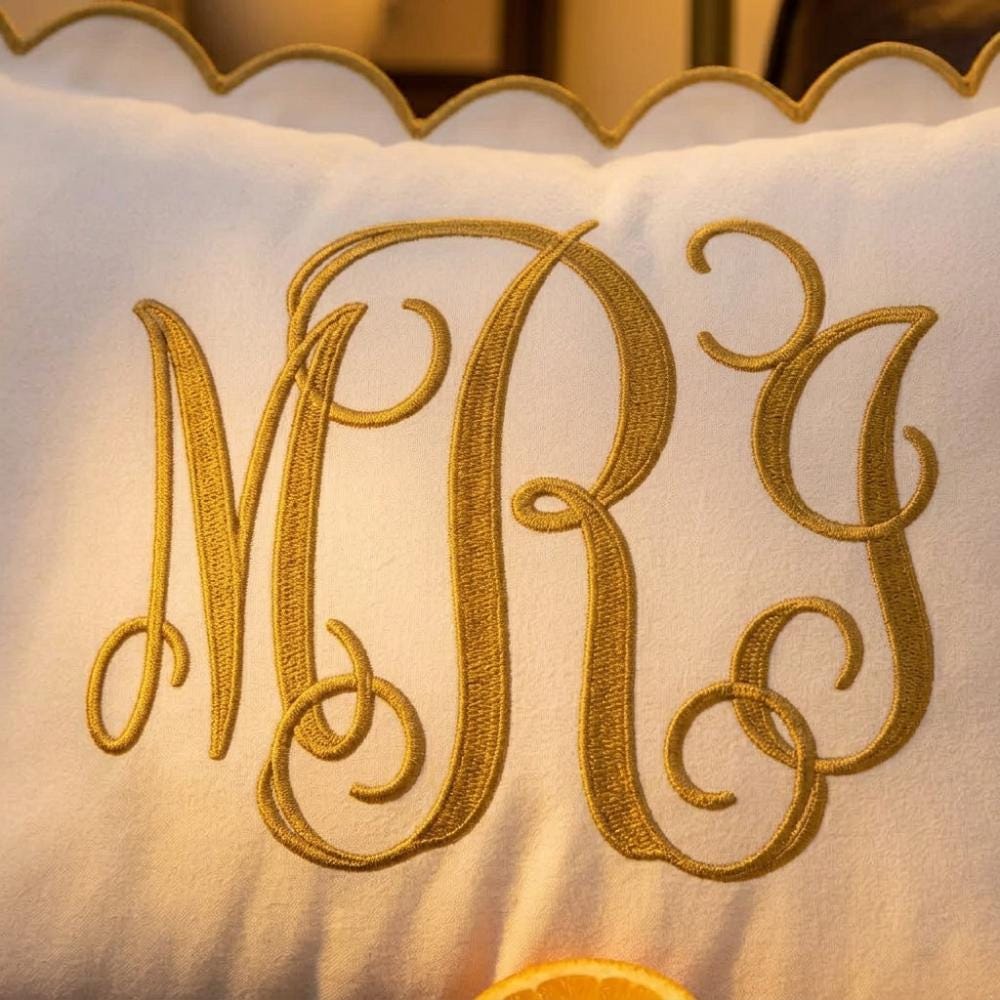 Personalized Classic Monogram Pillow - Scalloped Linen Cushion