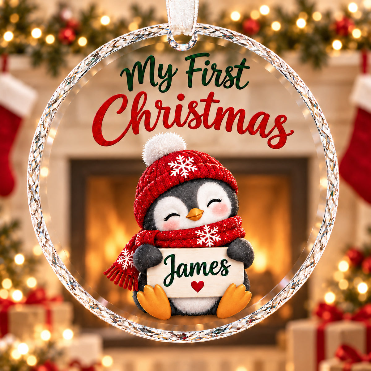 Personalized Penguin Baby First Christmas Ornament - Custom Name Glass Bauble 2026