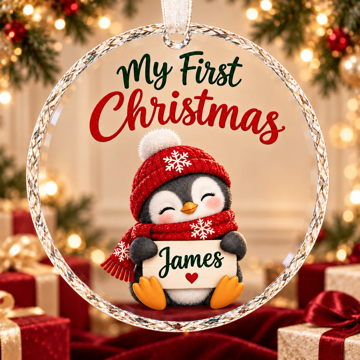 Personalized Penguin Baby First Christmas Ornament - Custom Name Glass Bauble 2026