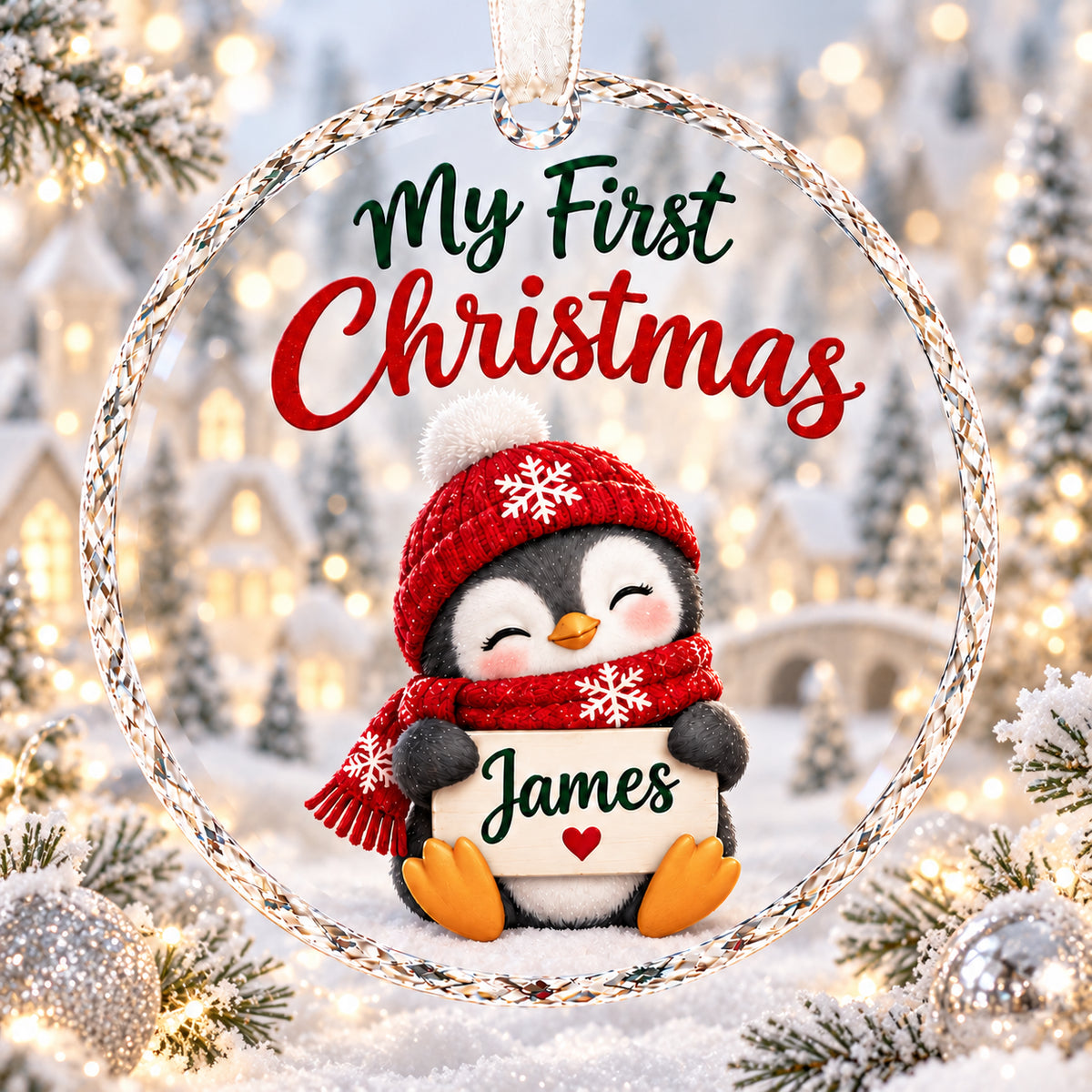Personalized Penguin Baby First Christmas Ornament - Custom Name Glass Bauble 2026