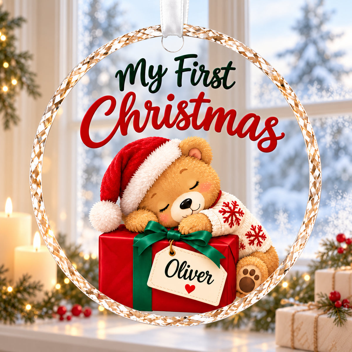 Personalized Sleeping Teddy Bear Baby Christmas Ornament - Custom Name Glass 2026