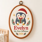 Personalized Baby's First Christmas Penguin Embroidery Hoop 2026 - Gift Box Nursery Wall Decor