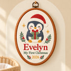 Personalized Baby's First Christmas Penguin Embroidery Hoop 2026 - Gift Box Nursery Wall Decor