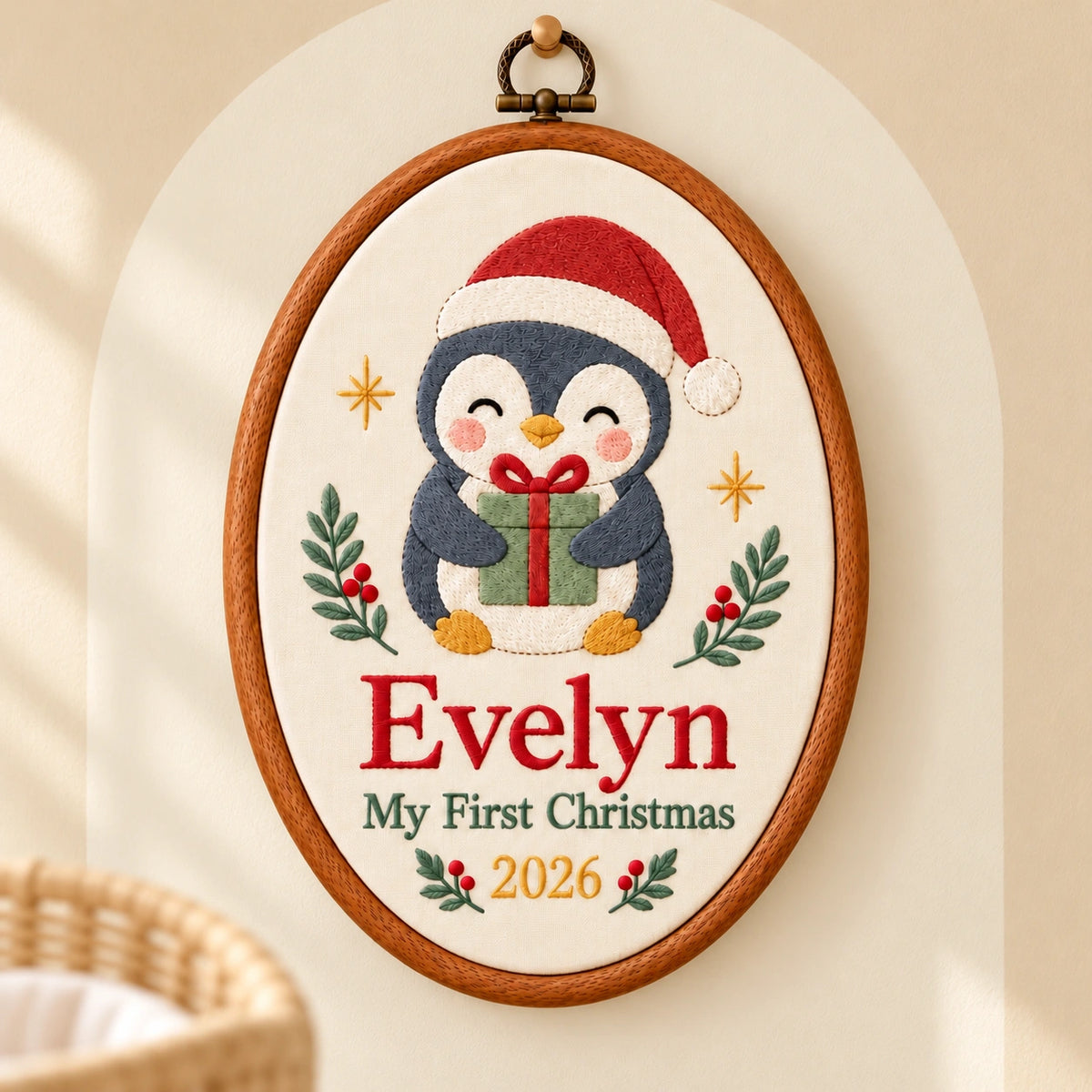 Personalized Baby's First Christmas Penguin Embroidery Hoop 2026 - Gift Box Nursery Wall Decor