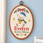 Personalized Baby's First Christmas Polar Bear Embroidery Hoop 2026 - Custom Name Nursery Wall Decor