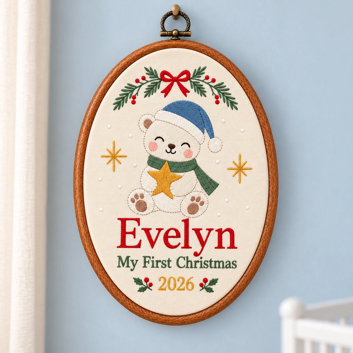 Personalized Baby's First Christmas Polar Bear Embroidery Hoop 2026 - Custom Name Nursery Wall Decor