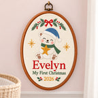 Personalized Baby's First Christmas Polar Bear Embroidery Hoop 2026 - Custom Name Nursery Wall Decor