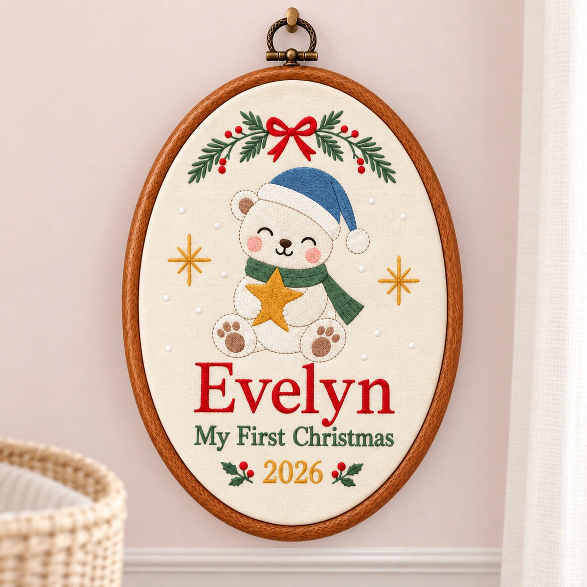 Personalized Baby's First Christmas Polar Bear Embroidery Hoop 2026 - Custom Name Nursery Wall Decor