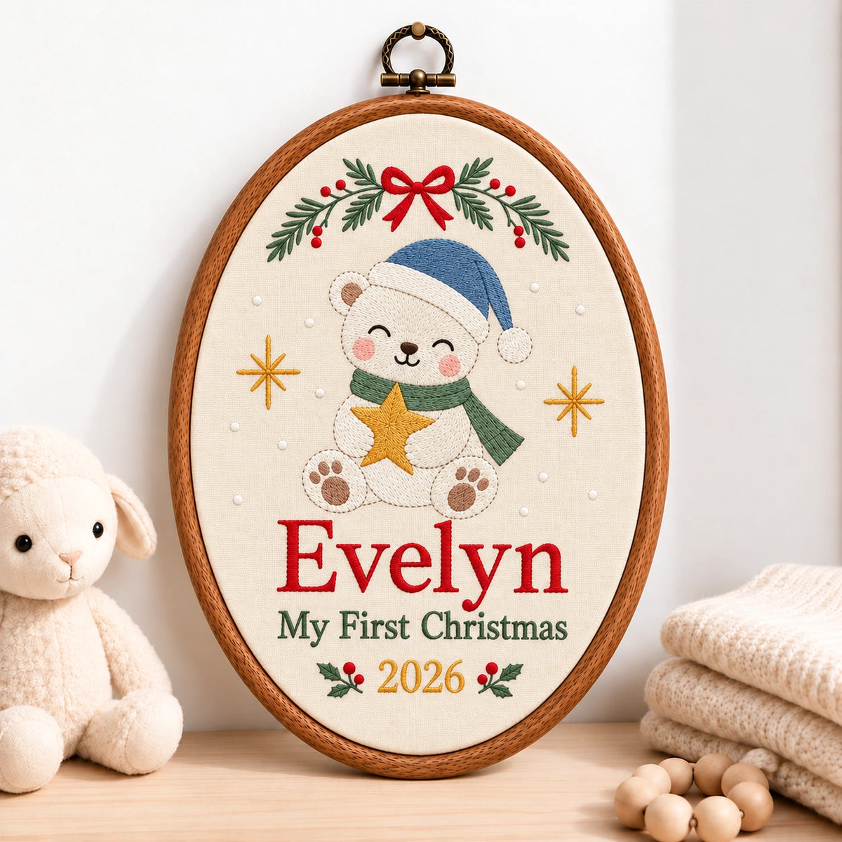 Personalized Baby's First Christmas Polar Bear Embroidery Hoop 2026 - Custom Name Nursery Wall Decor