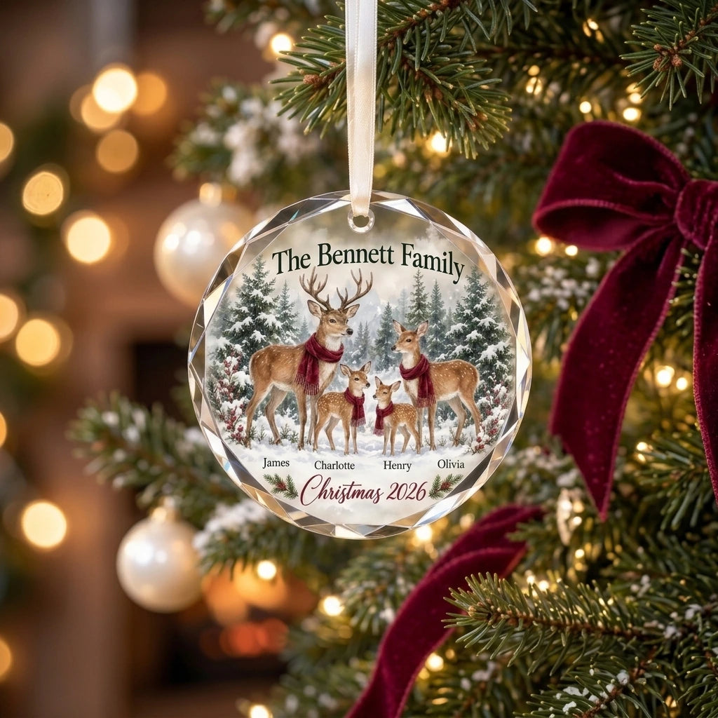 Personalized Deer Family Glass Ornament - Custom Family Names Christmas Keepsake